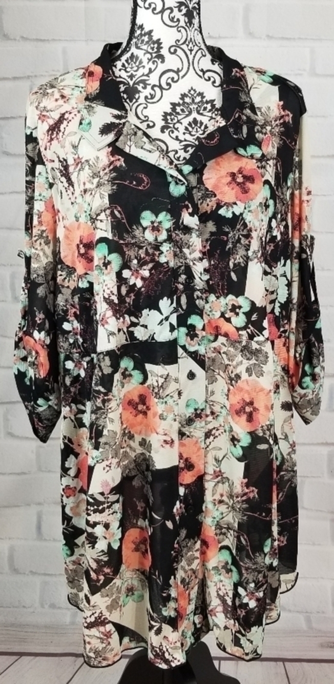 Style & co womens 3/4 sleeves button front floral print top 3x semi sheer bb16